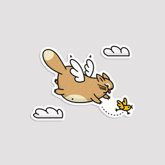 Cute cartoon cat with wings flying in sky chasing after a little bird