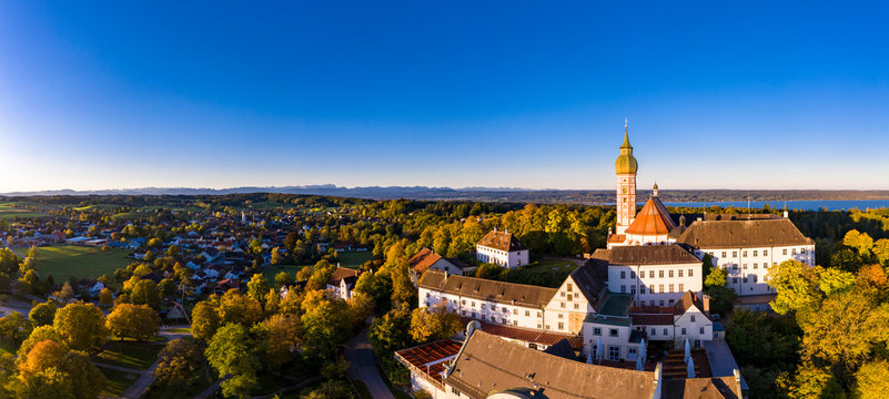 Germany, Bavaria, Upper Bavaria, Pfaffenwinkel, Ammersee, Andechs Abbey at sunrise