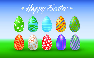 Set of various Easter eggs with different texture on a nature background. Happy easter eggs. Spring holiday. Vector Illustration, EPS 10.