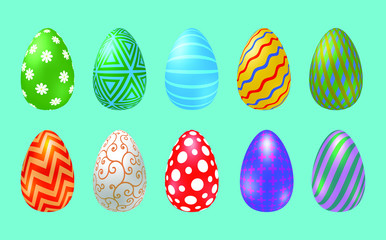 Set of Easter eggs with different texture on a white background. Happy easter eggs. Spring holiday. Vector Illustration, EPS 10.