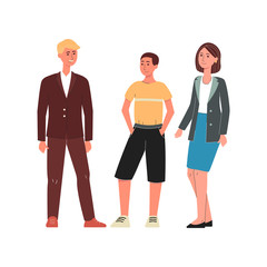 Obraz premium Happy cartoon family with teenage son - young parents and male teenager