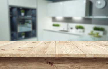 Wooden textured desk with blur interior background