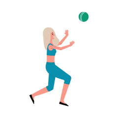 Fototapeta na wymiar Cartoon woman playing volleball - blonde girl running to catch a ball