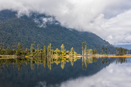New Zealand, Grey District, Inchbonnie, Forested hill reflecting in Lake Brunner