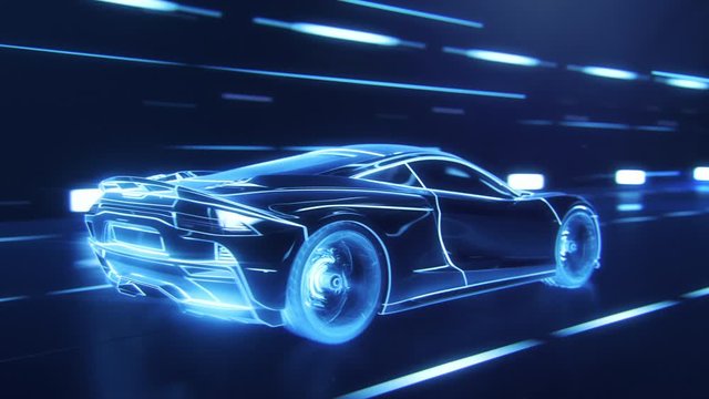 3D Car Model: Detailed Silhouette of Sports Car Driving at High Speed, Racing Through Tunnel into the Light. Blue Supercar Made of Blue Lines Driving Fast on Highway in Tron Style. VFX Special Effect