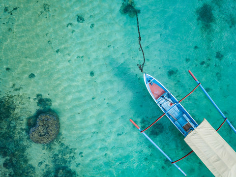 Indonesia, Subawa, Aerial view of outrigger boat