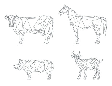 Polygonal factory animals, cow, horse, goat, pig, line art vector illustration isolated on white 
