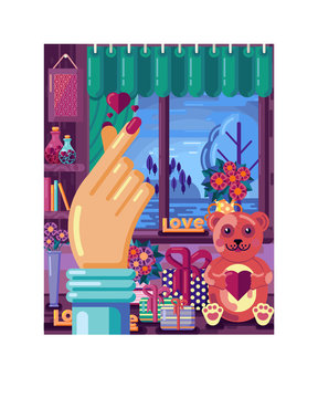 Cute vector valentines day poster. Hand with a heart sign on a background of a room with gifts and flowers. Winter landscape in the window. Cartoon flat design for the holiday. Bright card for lovers.
