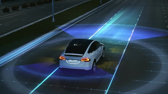 Aerial Drone Following Shot: Autonomous Self Driving Car Moving Through City. Concept AI Scans for Cars and Pedestrians, Showing Data, Driving Safe. Animated Visualization Shows Working of AI Scanning