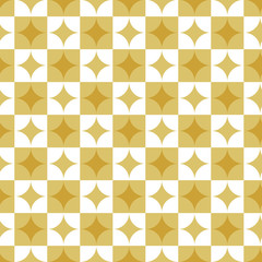 Geometric diamonds seamless pattern vector background. Decorative golden diamonds, and white square shapes. Design for fabric, backdrop, wallpaper, textile, texture. Eps 10 format, printable colors.