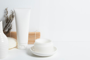 beauty treatment medical skincare and cosmetic lotion cream serum oil mockup bottle packaging product on white decor background, healthcare and medicine concept