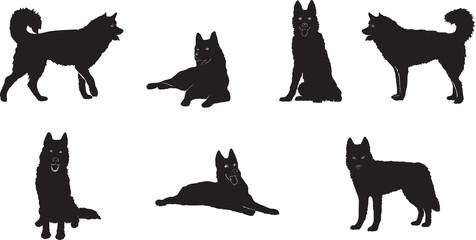 husky, dog, husky figure,  various poses, illustration, vector, different positions, illustration, black and white