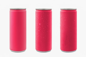 Pink aluminum cans isolated on white background with clipping path.Blank package no brand for...