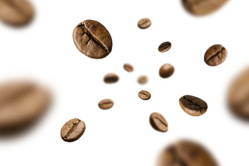 Brown roasted coffee beans falling and flying on black background.Represent breakfast for energy...