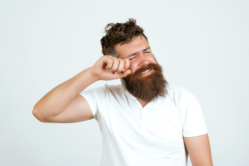 Desperate frustrated man covering his face. Stressed businessman with broken mechanism head...