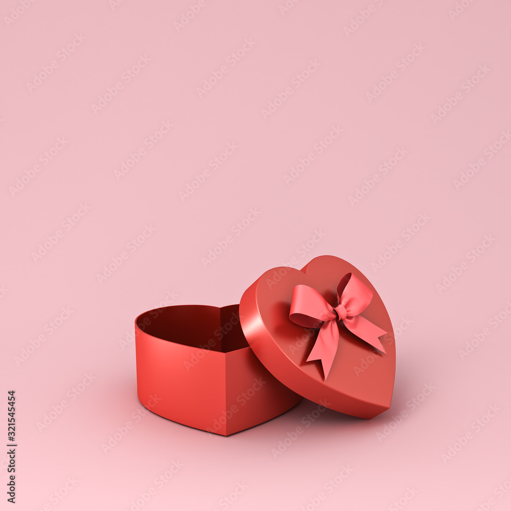 Aufkleber Empty heart shape gift box with red ribbon bow isolated on pink pastel color background with shadow 3D rendering