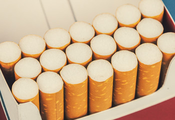 Close up cigarette in pack is addictive to be cancer.smoking reduction campaign in World No Tobacco...