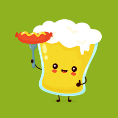 Cute happy smiling glass of beer sausage on fork