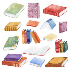 Large set of vintage books. Hand-drawn watercolor illustration. Grunge texture. Cute print.