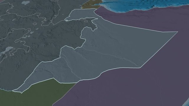 Somali, state with its capital, zoomed and extruded on the administrative map of Ethiopia in the conformal Stereographic projection. Animation 3D