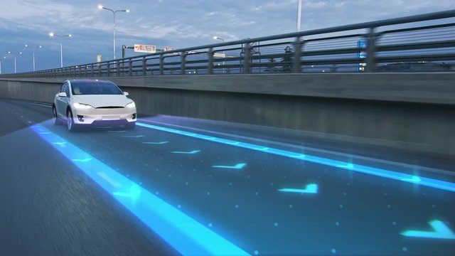 Autonomous Self Driving Car Moving Through City, Overtaking Other Vehicles. Animated Scanning Visualization Concept: Artificial Intelligence Digitalizes and Analyzes Road Ahead. Moving Frontal View