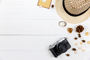 Top view of Traveler's accessories and essential vacation items.Travelling planning on holiday concept.