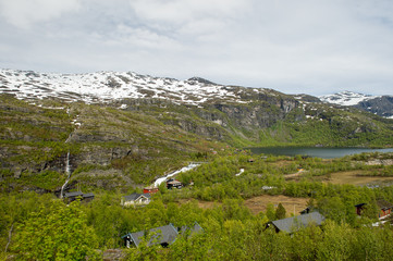 Fototapeta na wymiar Snowy landscapes of the Vossevangen mountains in Norway