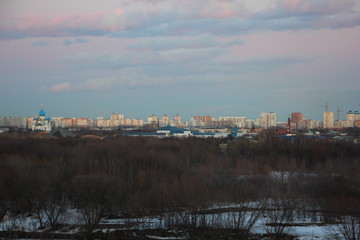 Moscow panorama, view from Observation deck in Park Kolomenskoe at winter evening