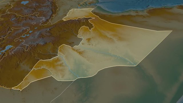 Somali, state with its capital, zoomed and extruded on the relief map of Ethiopia in the conformal Stereographic projection. Animation 3D