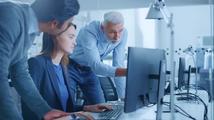 Modern Factory Office: Project Manager and Supervisor Talk to a Female Engineer Works on Computer. Team of Professionals Solving Heavy Industry Problems, Having Discussion, Pointing at Display
