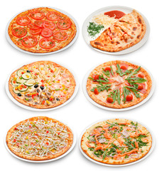 The six plates with a popular italian pizzas