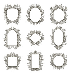 Set of hand drawn floral frame, isolated on white background