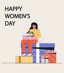 International women's day, March 8. A woman is sitting on a large big gifts. Trendy, modern vector illustration in a flat style on a white background. Suitable for banners,  greeting card template