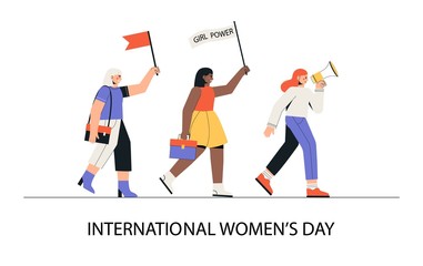 International women's day, March 8. A group of women of different nationalities March with a loudspeaker, posters and flags. Trendy, modern vector illustration in a flat style on a white background.
