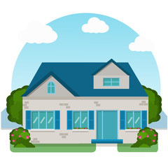 Blue house in flat style. Around house green landscape.