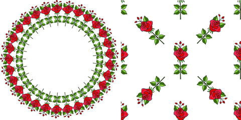 Red roses set - Vector seamless frames with roses and abstract patterns with red roses.
