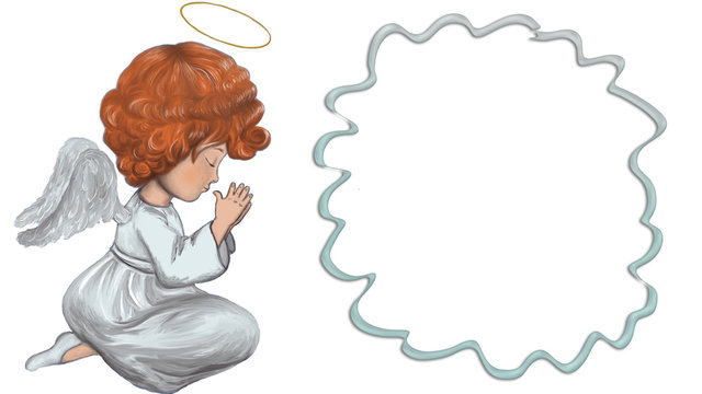 Angel is praying. Red-haired angel prays near the frame. Digital illustration