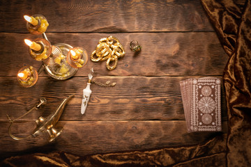 Tarot cards on fortune teller old desk background. Future reading.