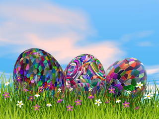 Colorful Easter eggs in nature - 3D render