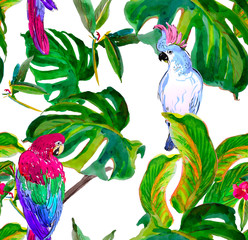Seamless Pattern Parrots on a Branch, Tropical Jungle Leaves, Hand Painted Watercolor Exotic Birds in Green Plants