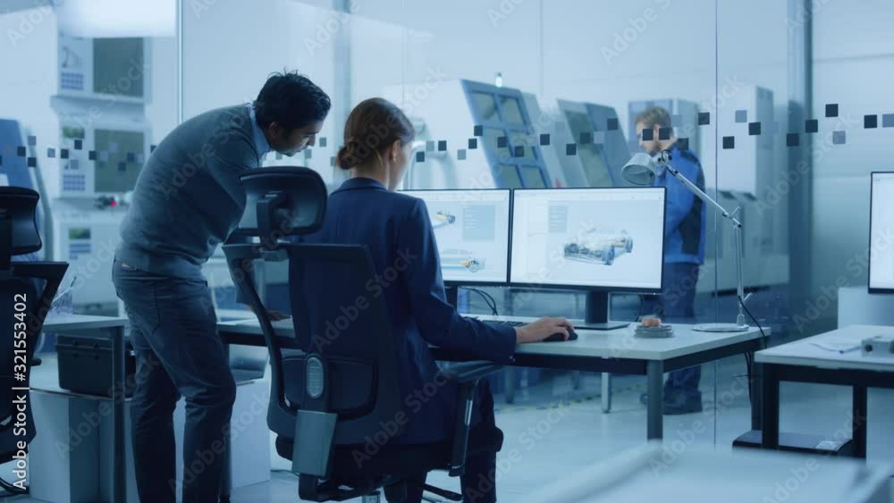 Aufkleber Automotive Design Factory: Project Manager and Chief Mechanical Engineer Talk, Point at Computer Display Showing 3D Electric Car Model in CAD Software. High Tech Facility with Automatic CNC Machinery