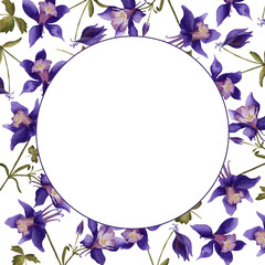 Round frame with purple watercolor aquilegia flowers; blanc wedding greeting card; raster illlustration
