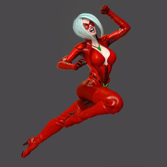 super green girl doing a comic jump on grey background