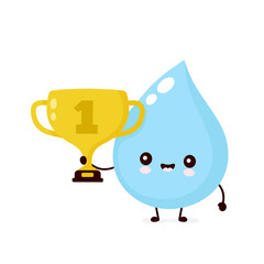 Cute smiling happy water drop hold trophy cup
