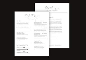 Black and White Resume Layout with Cursive Typography Element