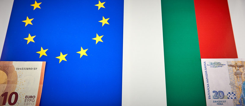 Bulgarian and European Union banknotes in front of EU and Bulgarian flag