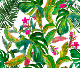 Seamless Pattern Watercolor Hand  Painted Artwork with Tropical Exotic Leaves and Flowers, Floral Jungle Print Many Palm  and Monstera Leaves with Red Flowers on White Background