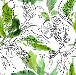 Seamless Pattern, Watercolor Handpainted Illustration, Tropical Leaves and Flowers on White Background
