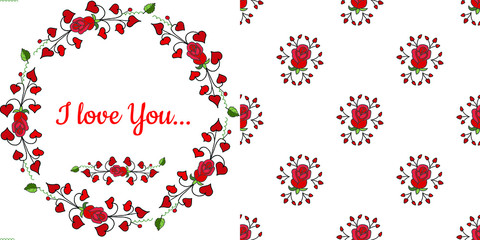 red roses in a seamless pattern, a wreath of abstract floral elements and red roses, elements for design invitation cards vector set
