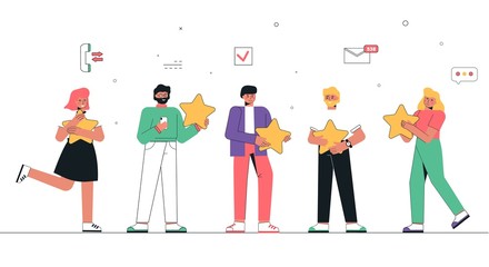 Feedback from users and customers about the company's services. A group of people hold five stars in their hands, leaving user feedback. Customers evaluate the product or service. Flat vector.